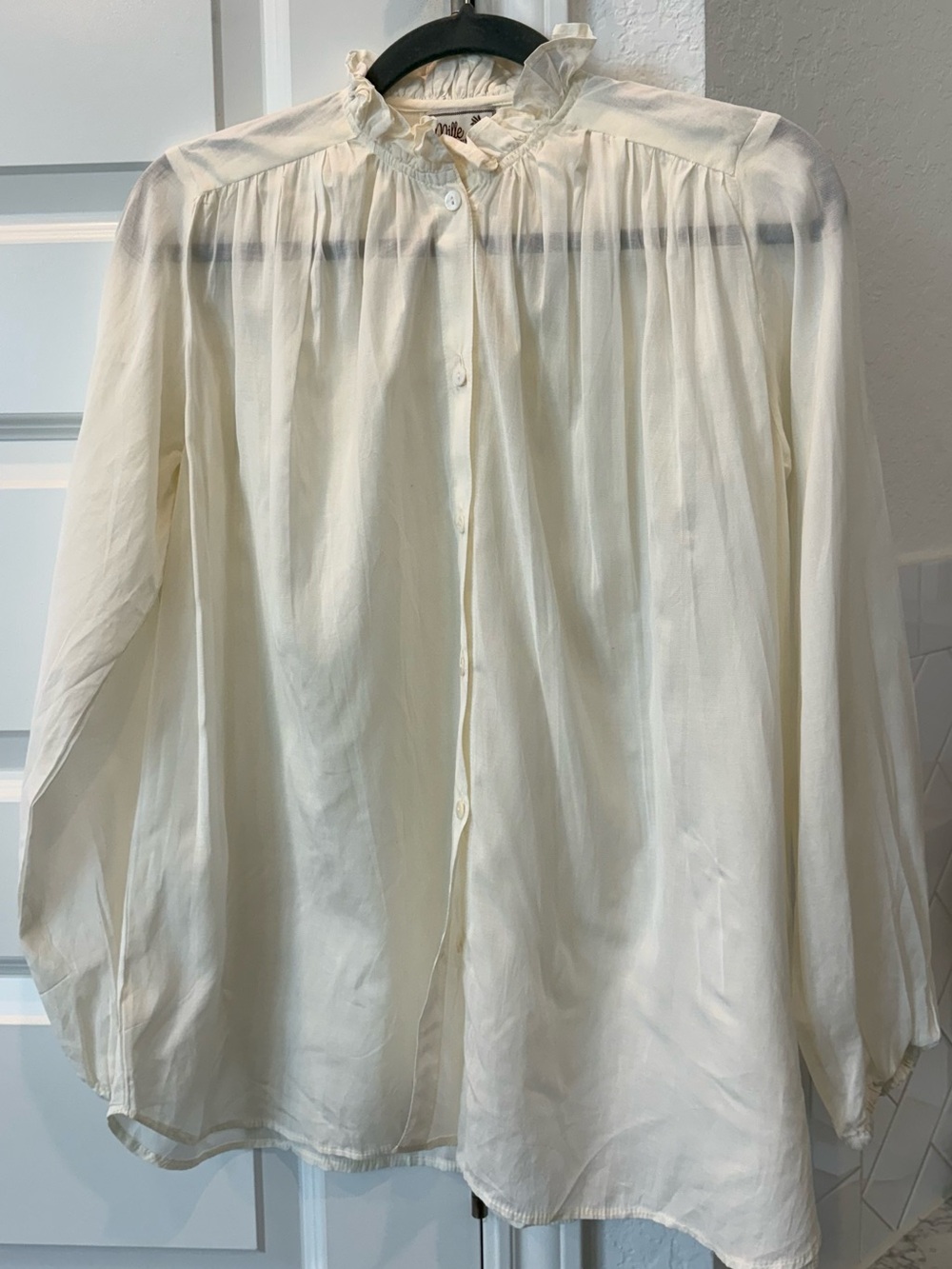 Women's Cream Ruffle-Neck Button-Down Blouse